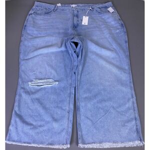 Good American Good Skate Crop Jeans Plus 28 Light Blue Distressed Wide Leg NEW